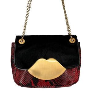 Lulu Guiness Snakeskin Embossed Calf Hair Purse Gold Lips Chain Crossbody Iconic